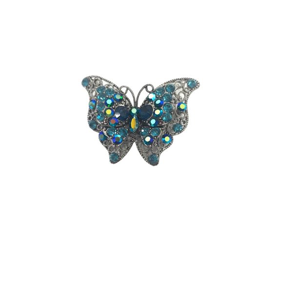 Vintage Fashion Butterfly Brooch Crystal Rhinestones Blue Aqua Teal Silver Tone - Picture 14 of 17
